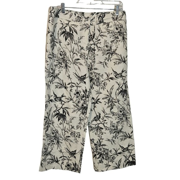 100% Linen cream bird floral pants size 8 NWOT - Picture 1 of 5
